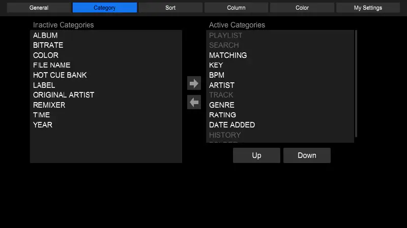 Screenshot of Rekordbox&rsquo; device (USB key) view showing my &ldquo;Category&rdquo; panel.