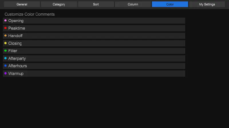 Screenshot of Rekordbox&rsquo; device (USB key) view showing my &ldquo;Color&rdquo; panel.
