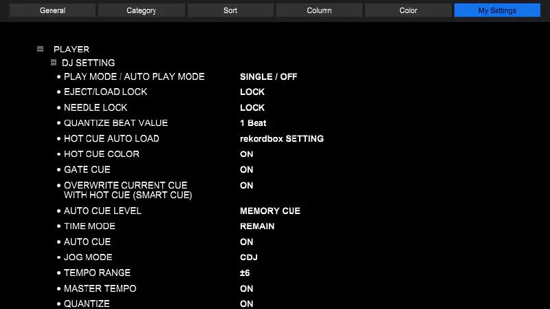Screenshot of Rekordbox&rsquo; device (USB key) view showing my &ldquo;My Settings&rdquo; panel.