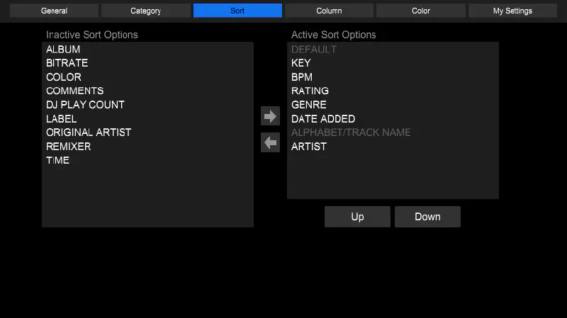 Screenshot of Rekordbox&rsquo; device (USB key) view showing my &ldquo;Sort&rdquo; panel.